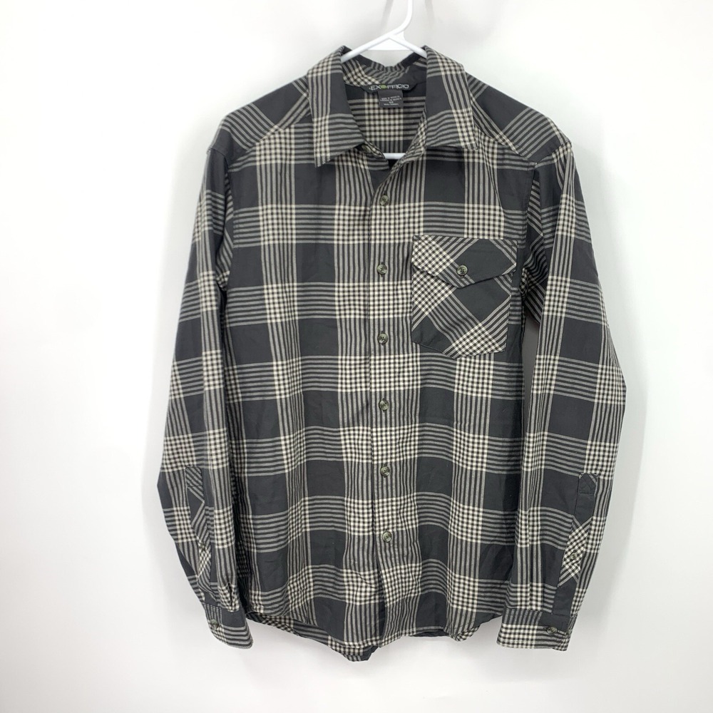 Exofficio Men Size Small Shirt Button‎ Down Top Gray White Plaid Long Sleeve Bug